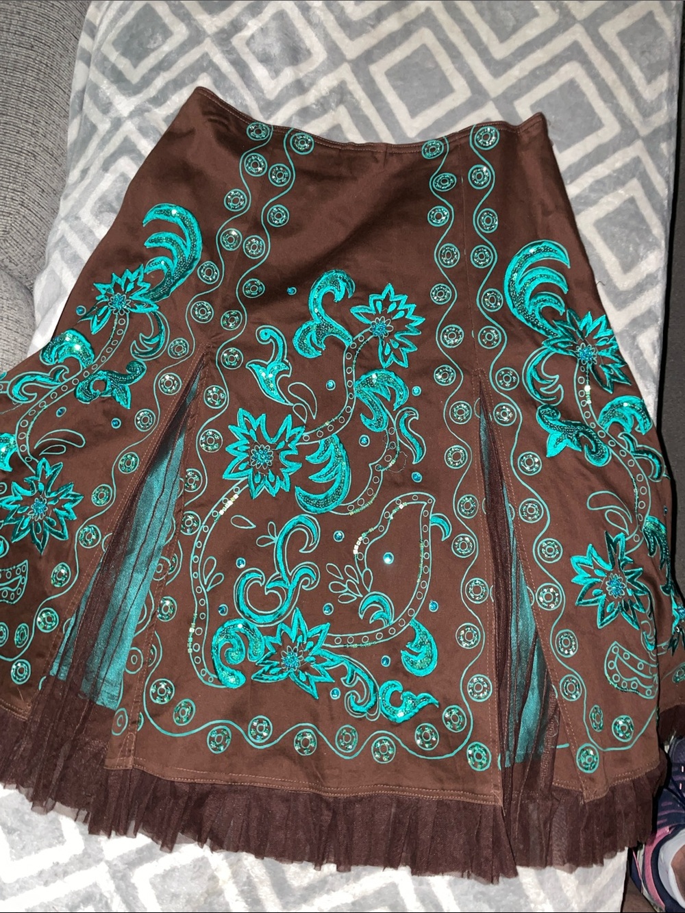 Basil & Maude Bohemian Brown Skirt with Teal/Turquoise Embroidered Floral Design